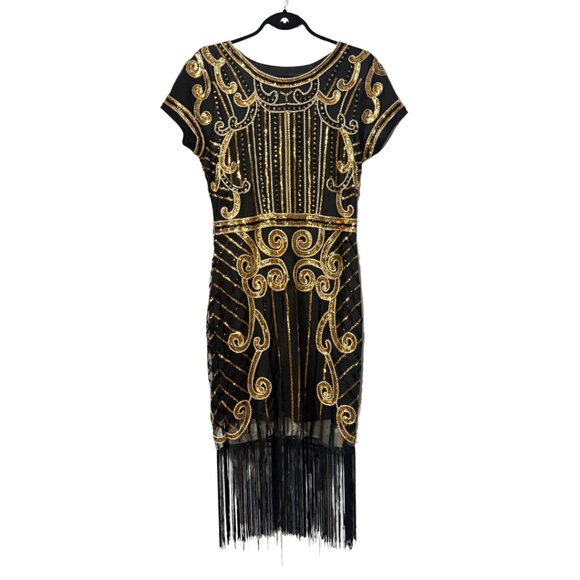 Black & Gold 1920s Sequined Flapper Dress – Size L (New Without Tags) - Picture 3 of 13